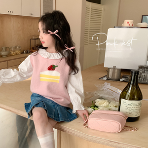 女童毛线马甲2024春装新款宝宝可爱套头上衣韩版儿童冰淇淋针织衫