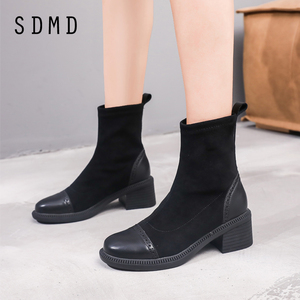 SDMD粗跟弹力靴女冬季新款韩版圆头中跟厚底加绒保暖短筒马丁靴女