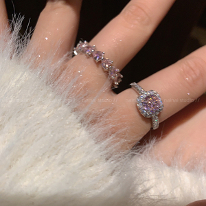 超闪粉色戒指~锆石bling高级感轻奢开口食指戒排钻爱心叠戴指环女