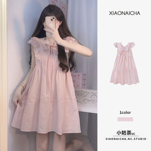 夏季法式气质甜美可爱粉色小飞袖连衣裙女小个子设计感公主裙裙子