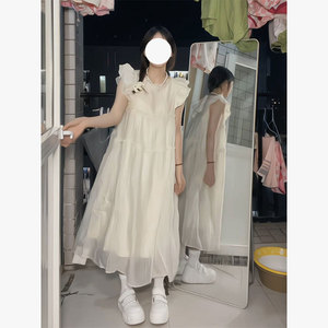 法式小飞袖连衣裙女2024新款夏季温柔风奶系白色长裙雪纺仙女裙子
