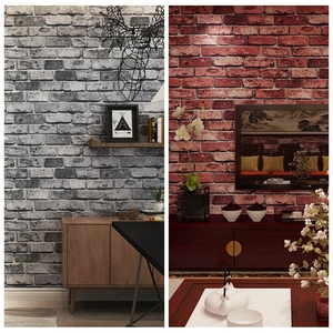 中式复古3D砖纹墙纸 书房餐厅咖啡馆茶室 怀旧青砖红砖自粘壁纸