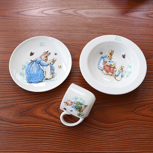 出口英国兔子浮雕骨瓷儿童礼品 水杯 盘子 汤盘礼物套装精致