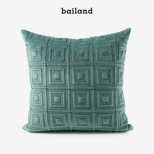 bailand北欧现代轻奢抱枕水蓝丝绒回形立体刺绣方形靠枕少发靠垫