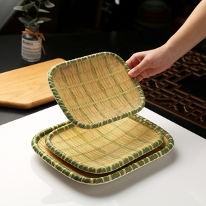 密胺火锅菜盘仿瓷竹编烧烤盘子塑料编织托盘网红点心盘创意小吃盘