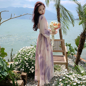 紫色扎染连衣裙2024夏新款法式茶歇v领温柔风长裙到脚踝超长款