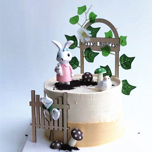 田园兔子粉嫩樱花小兔玩偶摆件蘑菇星星蝴蝶结插牌烘焙蛋糕装饰