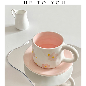 SHˇ咖啡杯设计师款小众ins手绘粉色樱花陶瓷杯碟套装高颜值礼物