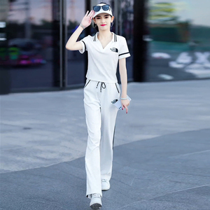 品牌白色休闲运动服套装女夏季韩系时尚洋气减龄短袖阔腿裤两件套