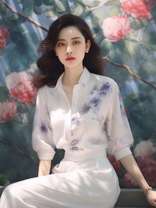 新中式中国风蓝色印花短袖衬衫女装2024新款雪纺衫气质女神范上衣