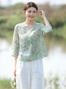 棉麻文艺范原创女装上衣夏季中式国风亚麻七分袖衬衫复古盘扣小衫