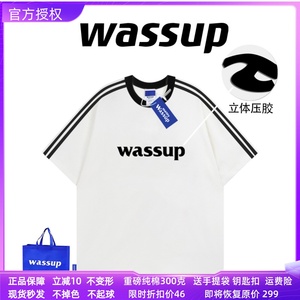 WASSUP三条杠圆领短袖男女美式休闲宽松运动T恤情侣潮牌纯棉上衣