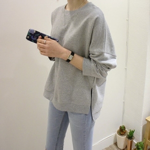 k932韩国女装新款2024毛圈简约前短后长纯色纯棉套头长袖女卫衣