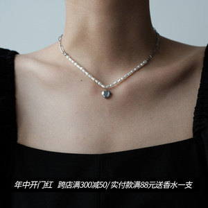 柴夫杂货铺 /X279  INS复古简约不规则珍珠锆石爱心钛钢项链颈链