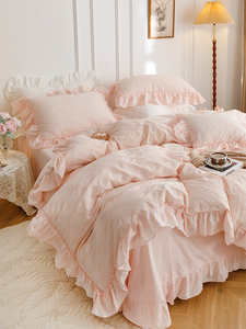 公主风全棉水洗棉四件套浪漫法式荷叶花边被套柔软纯棉床单床品