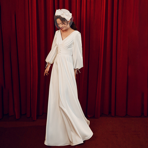 艾慕轻婚纱2021新款长袖法式白色复古齐地缎面小… 全新 试