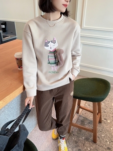 韩国女装代购春季可爱减龄猫咪印花立体毛绒尾巴装饰圆领套头卫衣