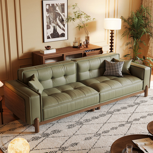 实木新中式中古复古风小户型客厅胡桃木色真皮沙发一字直排四人位
