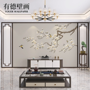 新中式玉兰花鸟客厅沙发卧室电视背景墙壁纸独绣刺绣硬包壁画墙布