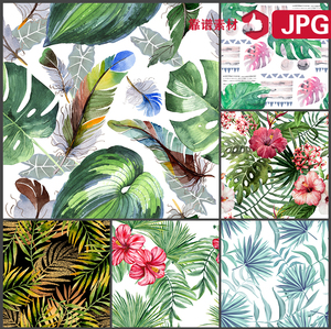 夏季时尚手绘水彩植物花鸟背景墙纸地毯服饰印花图案JPG图片素材
