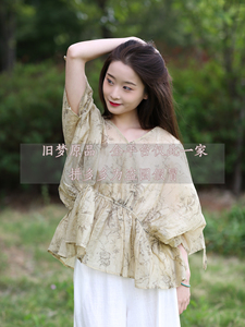 旧梦原品原创设计棉麻女装文艺复古中国风丝绵印花宽松蝙蝠袖衬衫