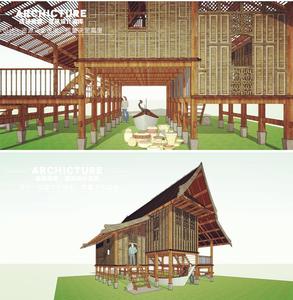现代日式禅意木结构架空吊脚木屋坡屋顶会所亭子建筑设计su模型