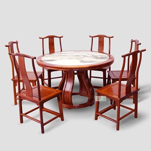 缅甸花梨云石圆餐桌中式红木餐台组合连餐椅