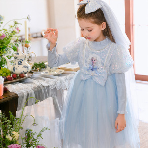 女童长袖爱莎公主裙春秋毛衣裙子礼服冰雪奇缘女孩夏季艾莎连衣裙