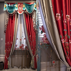 中式窗帘客厅中式古典大气高精密绸缎仿真丝2021年婚房窗帘绣花纱