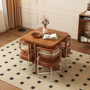 实木折叠餐桌小户型家用法式复古伸缩储物方桌中古收纳餐桌椅组合