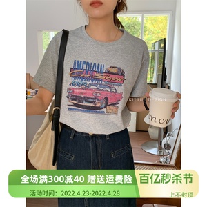 KITTIN短袖女夏季2023夏季日系运动风高级感复古创意赛车图案T恤