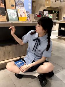 jk衬衣短袖基础款日系蓝色衬衫娃娃领甜美宽松学院风制服套装女夏