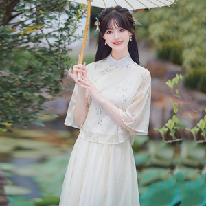 夏新中式改良旗袍年轻款少女民国风学生唐装上衣茶艺汉服两件套装