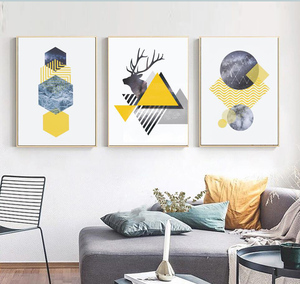 北欧现代简约几何艺术抽象麋鹿黄与灰沙发背景墙装饰画画芯墙画