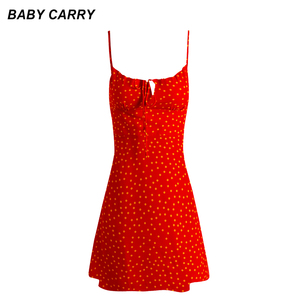 babycarry法式连衣裙2024夏季红色性感沙滩裙海边渡假吊带印花裙
