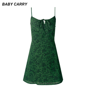 babycarry法式绿色印花裙refomation海边度假抽绳显瘦吊带连衣裙