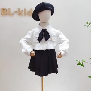 洋气韩版春装学院风衬衫短裙套装小香风衬衫裙裤两件套时髦女童装