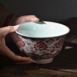 景德镇矾红仿古缠枝纹陶瓷复古风大号碗 古典饭碗 面碗 汤碗