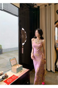24韩版胖妹性感花色国风长裙大码女装复古新中式女人味吊带连衣裙