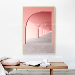 现代简约建筑摄影装饰画画芯素材粉色长廊过道挂画高清电子图片