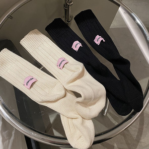 ins韩国东大门潮袜粗线加厚袜子粉色缝标中筒女基础百搭堆堆长袜
