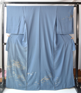 【卡住牙】日本传统和服深蓝地汕头刺绣平安人物正绢未仕立访问着