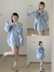 奶蓝色韩系温柔高级防晒设计感上衣女春夏宽松雪纺娃娃衫长袖衬衫