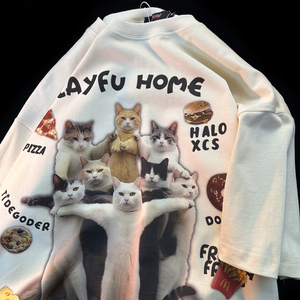 CURPOPP创意猫咪趣味印花短袖T恤男女同款2024夏季可爱情侣装上衣
