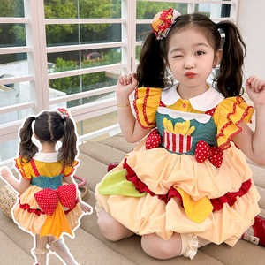汉堡薯条短袖套装女小童多巴胺洛丽塔裙子夏季宝宝可爱背带连衣裙