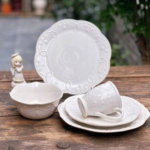 持续瓷生 出口Lenox陶瓷欧式浮雕做旧花边牛扒大平盘碗早餐咖啡杯