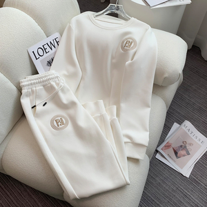 韩国春秋新款白色运动休闲套装女时尚减龄纯棉圆领套头卫衣两件套