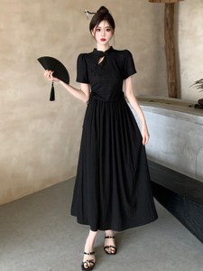新中式黑色改良版旗袍短袖连衣裙大码胖mm提花显瘦大摆长裙女夏季