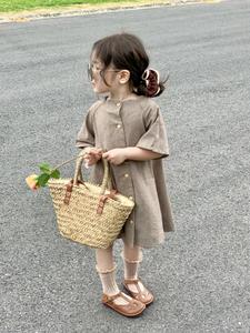 女童纯色短袖千鸟格连衣裙夏季2024新款儿童宝宝洋气开衫时髦裙子