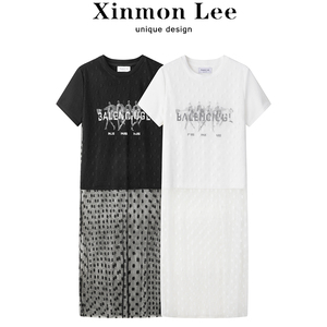 XinmonLee休闲印花短袖T恤夏季上衣女设计感网纱蕾丝连衣裙假两件